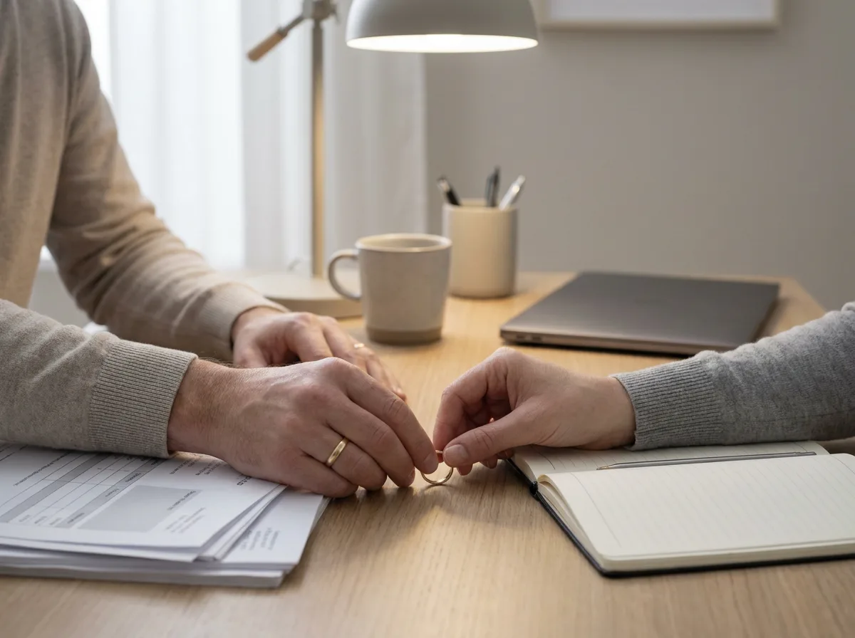 Couple's hands placing wedding ring on table next to stacked papers in home office
