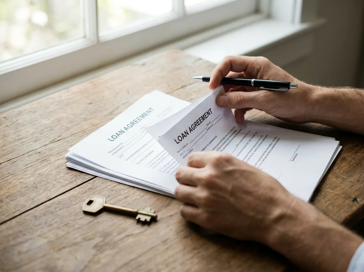 Hands reviewing loan documents with house key on wooden desk