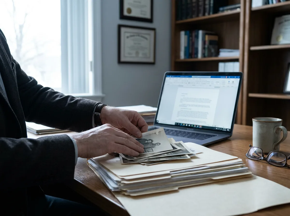 Lawyer organizing documents and photographs on desk next to laptop in office