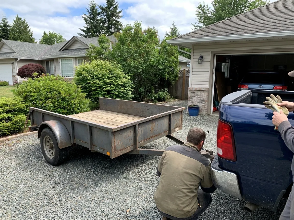 Small flatbed utility trailer hitched to pickup truck in driveway