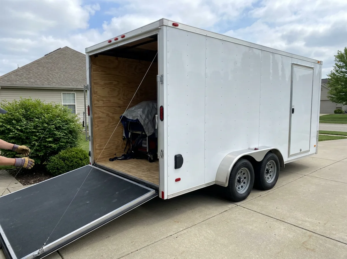 White enclosed cargo trailer with open rear ramp door on concrete driveway
