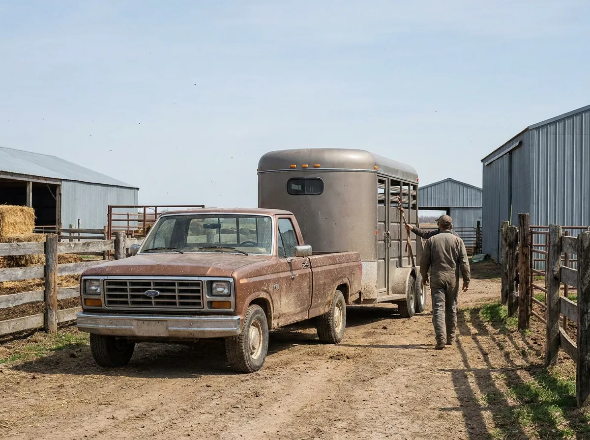 Dusty pickup truck with horse trailer parked in rural farmyard