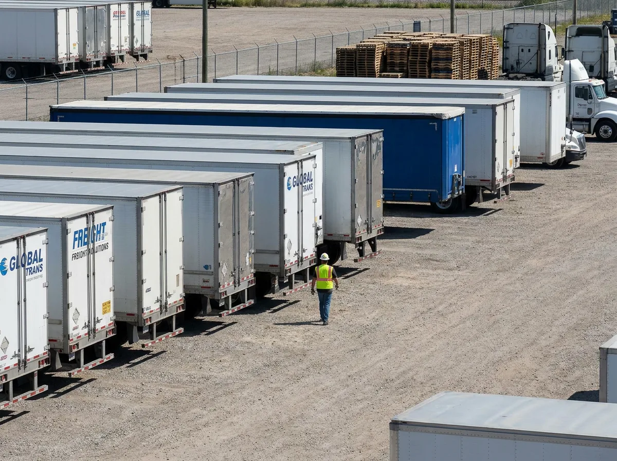 Row of parked semi trailers in sunlit truck yard