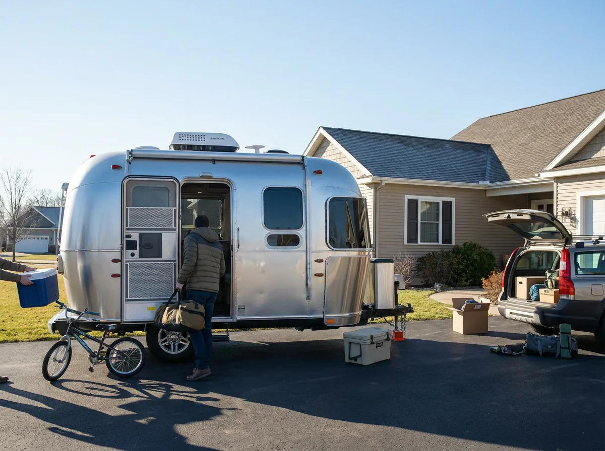 Family loading gear into travel trailer in driveway on sunny morning