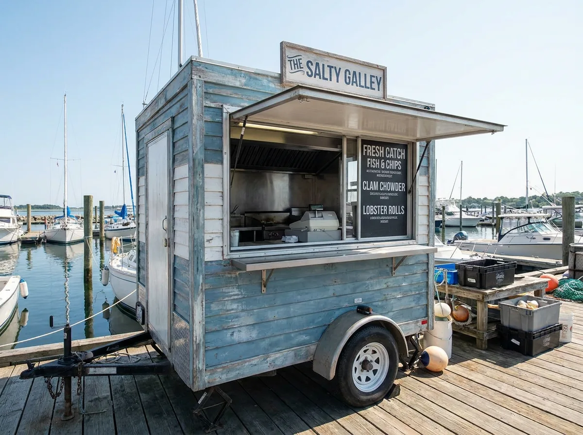 Dockside food trailer with open serving window beside moored boats at marina