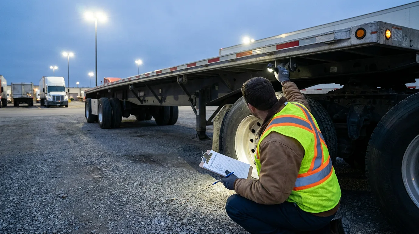 Appraiser with clipboard inspecting trailer exterior and axles in well-lit parking lot