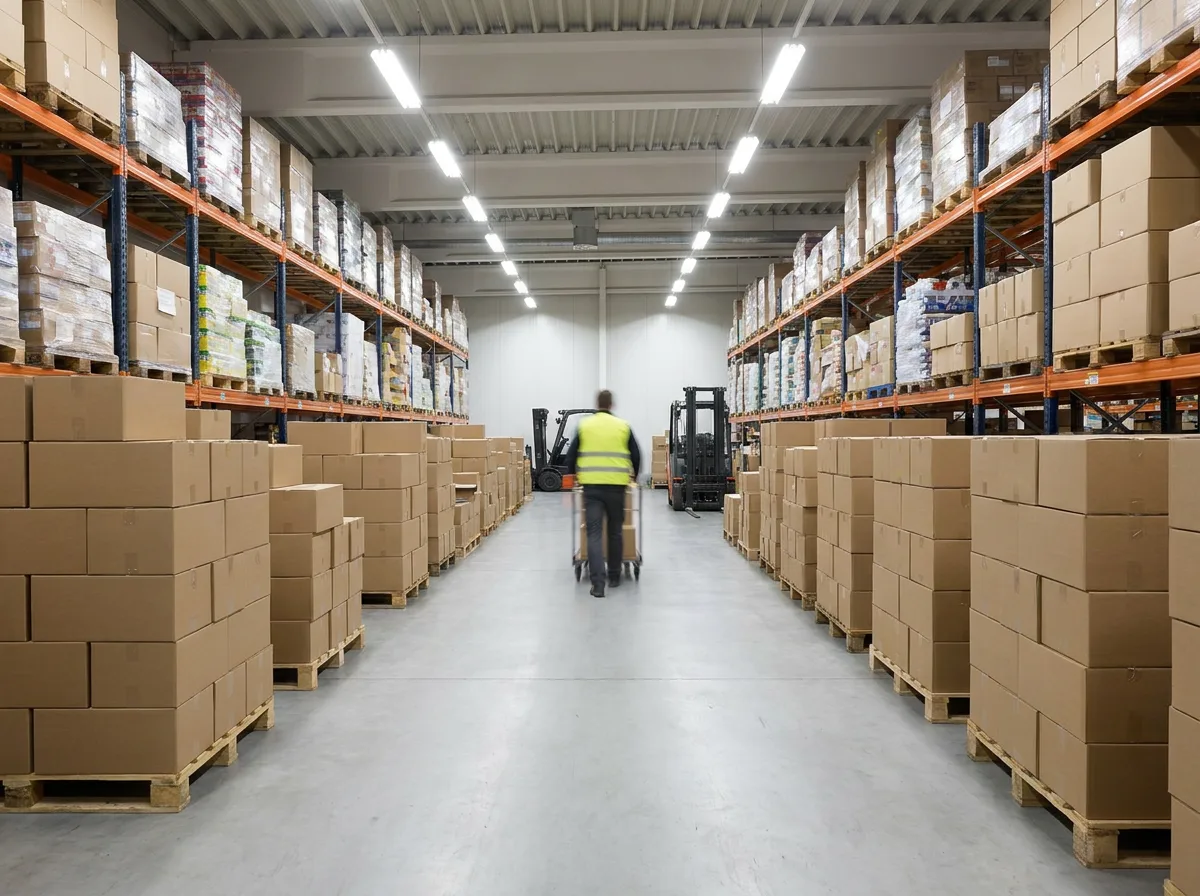Warehouse interior with stacked cardboard boxes on pallets, metal shelving units, and industrial lighting