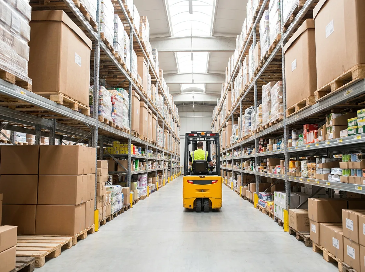 Well-organized warehouse with stacked cardboard boxes on pallets and metal shelving containing packaged goods