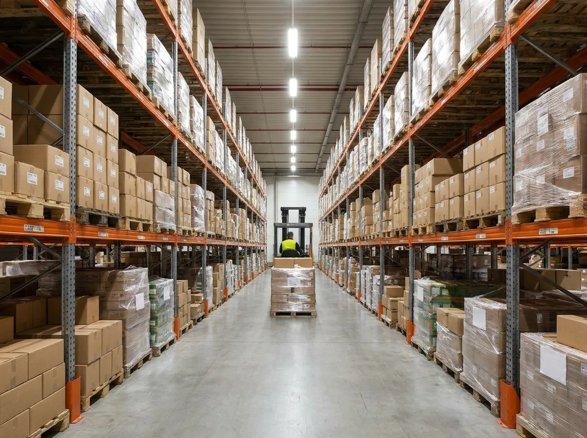 Warehouse aisle with stacked cardboard boxes on pallet racks and shrink-wrapped pallets on floor