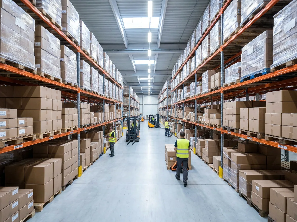 Well-lit warehouse with stacked cardboard boxes on pallets and metal shelving units filled with packaged goods