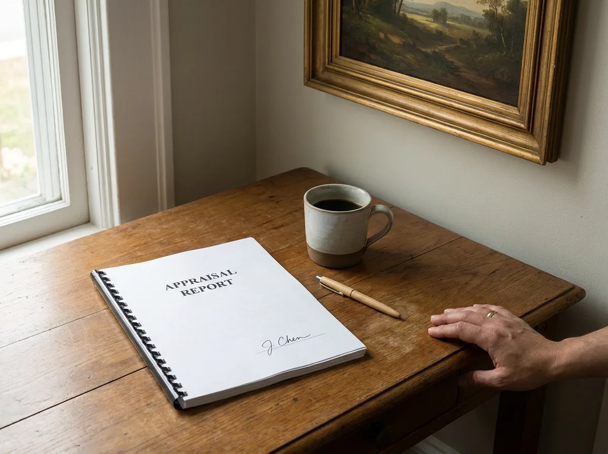 Wooden desk with signed appraisal report, pen, and coffee cup, framed painting on wall behind