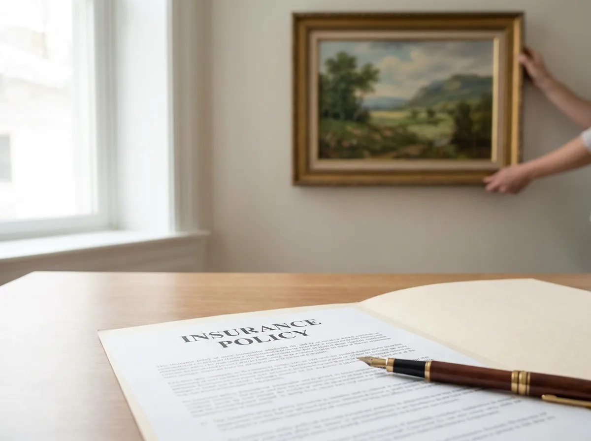 Desk with insurance policy document and pen next to framed painting on wall