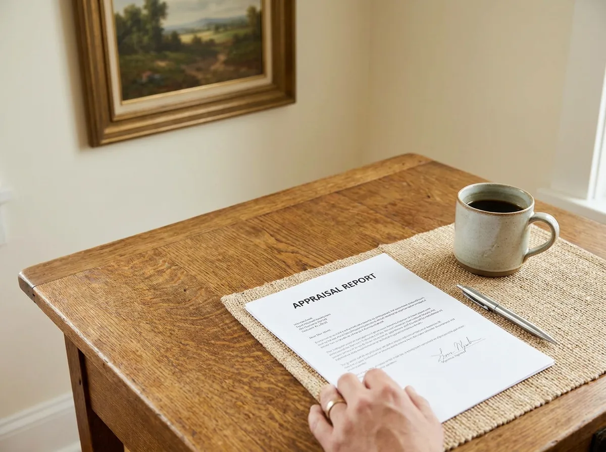 Signed appraisal report on wooden desk with pen and coffee cup, framed painting on wall behind