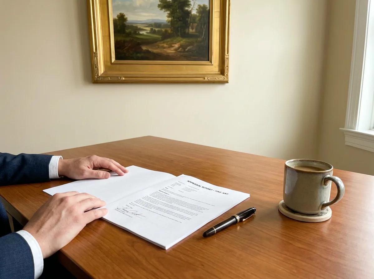 Signed appraisal report and pen on wooden desk with coffee cup in professional office