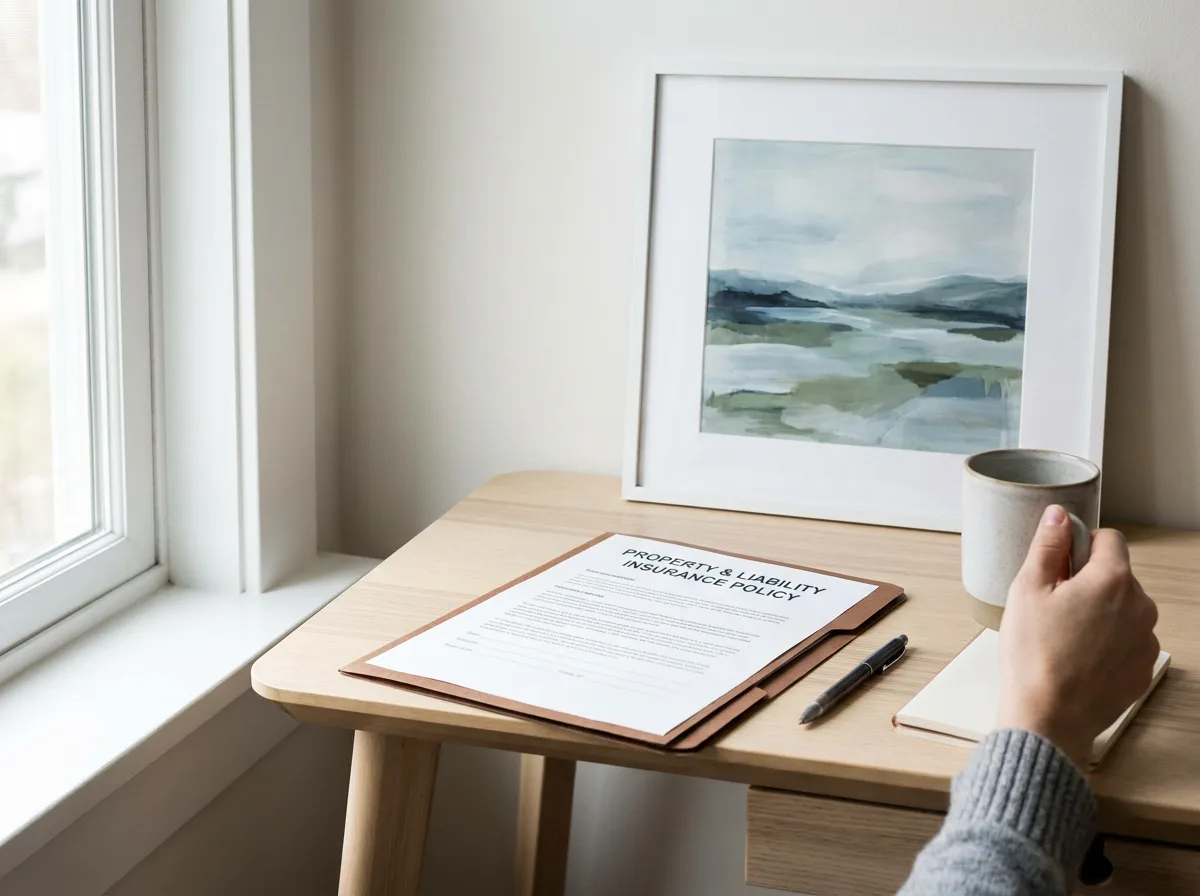 Insurance policy document and pen on desk with framed painting on wall behind