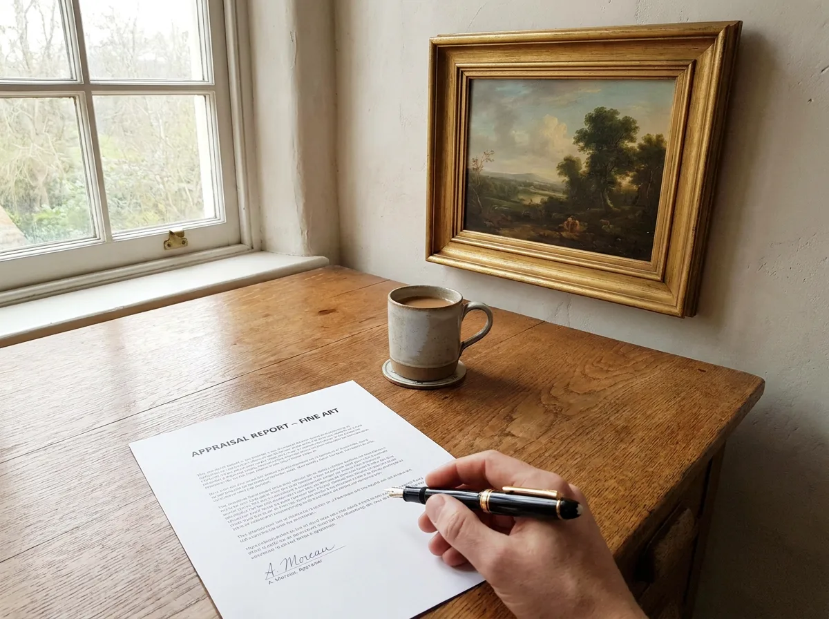 Wooden desk with signed appraisal report, pen, and coffee cup, framed painting on wall behind