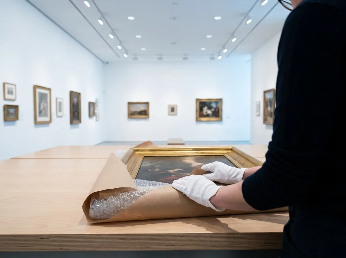 Professional carefully wrapping framed painting in protective padding at worktable with gallery background