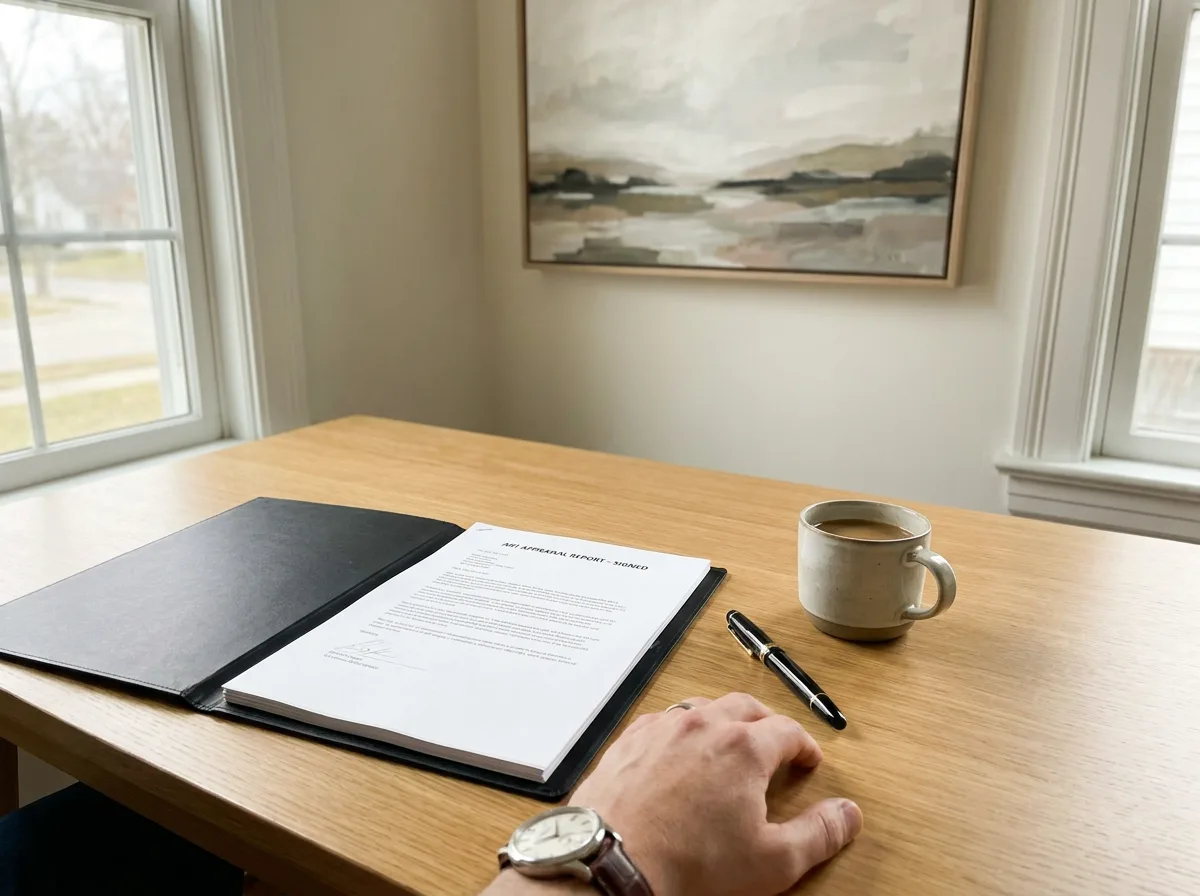 Wooden desk with signed appraisal report, pen, coffee cup, and framed painting on wall behind