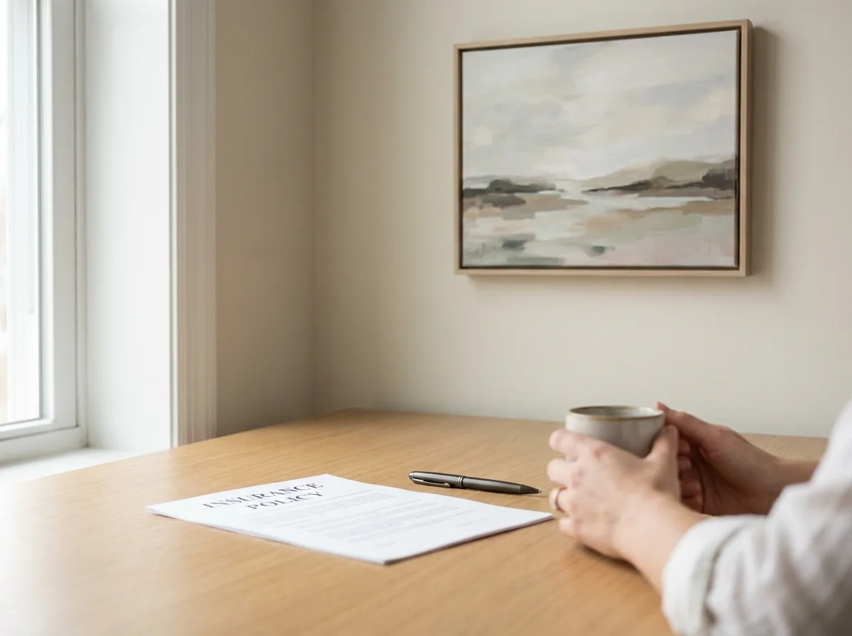 Insurance policy document on desk with pen and framed painting on wall behind