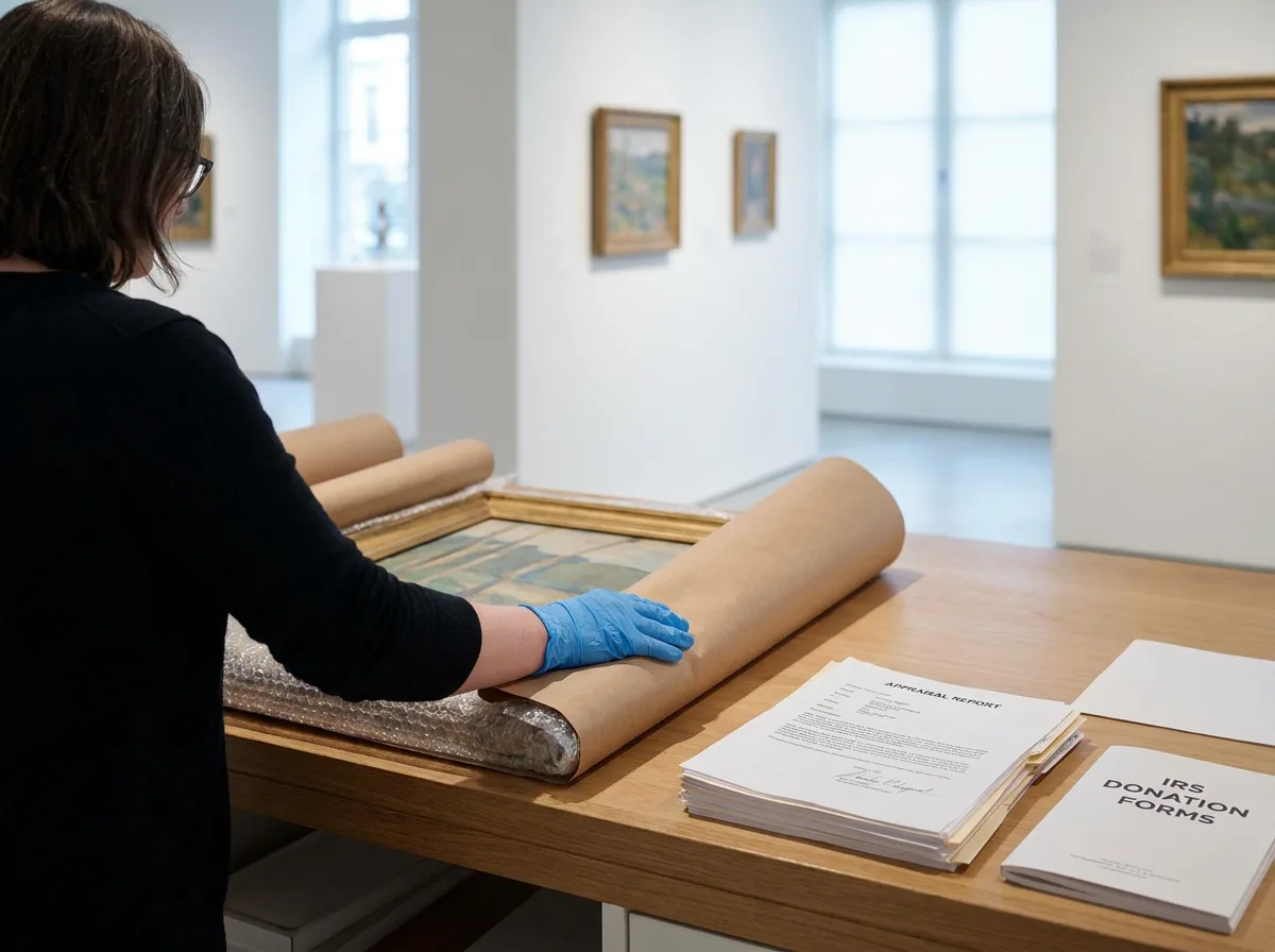 Professional carefully wrapping framed painting in protective padding at desk with appraisal report and IRS donation forms