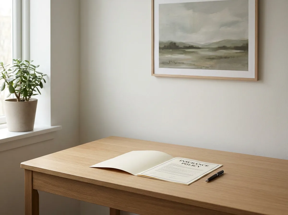Organized desk with open insurance policy document and pen, framed painting on wall behind, natural daylight