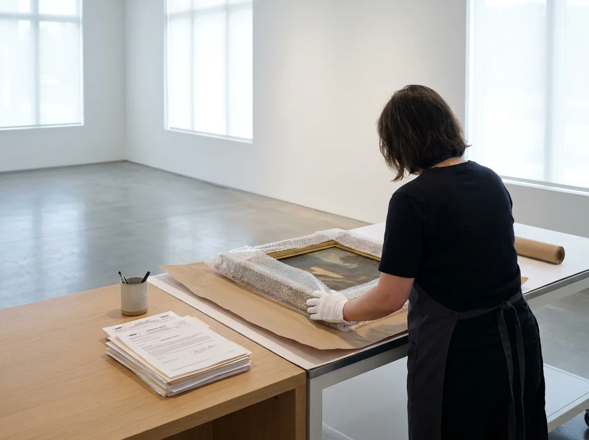 Professional wrapping framed painting in protective material in gallery with appraisal documents on desk