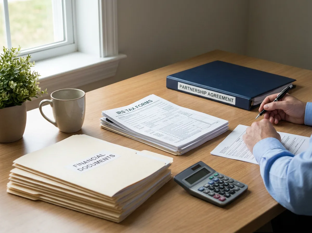 Organized office desk with stacked financial documents, IRS tax forms, partnership agreement binder, and calculator in natural light