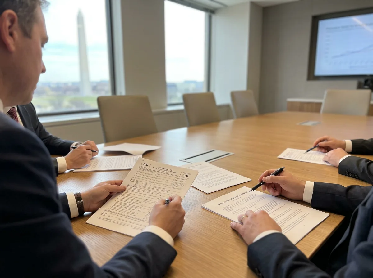 Business professionals around a conference table reviewing IRS Form 709 gift tax and business transfer documents