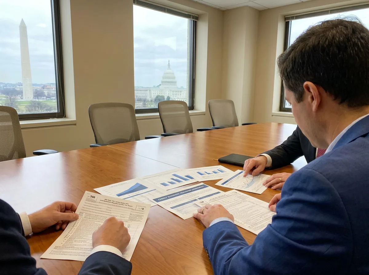 Business professionals review IRS Form 709 and transfer documents at conference table with D.C. skyline visible