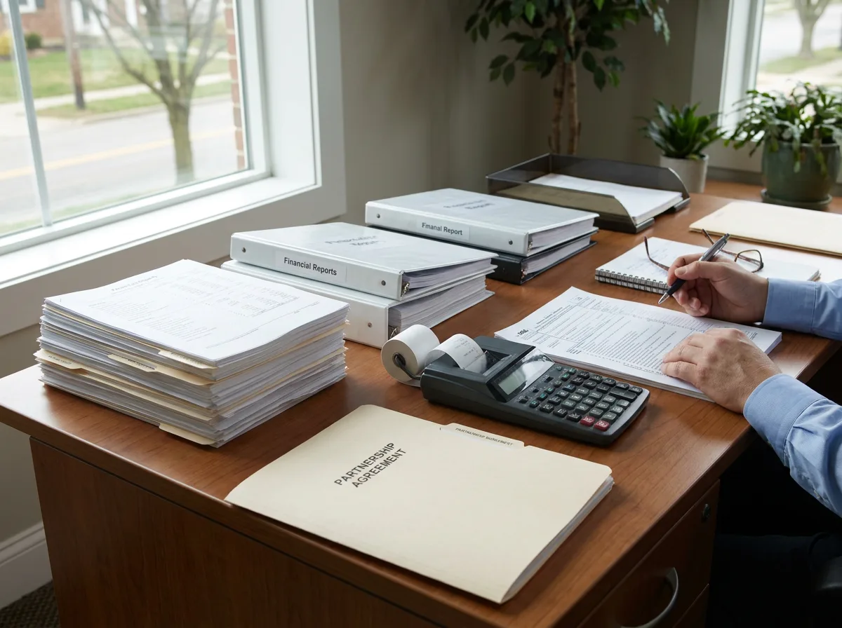 Office desk with financial documents, IRS tax form, calculator, and partnership agreement folder in natural light