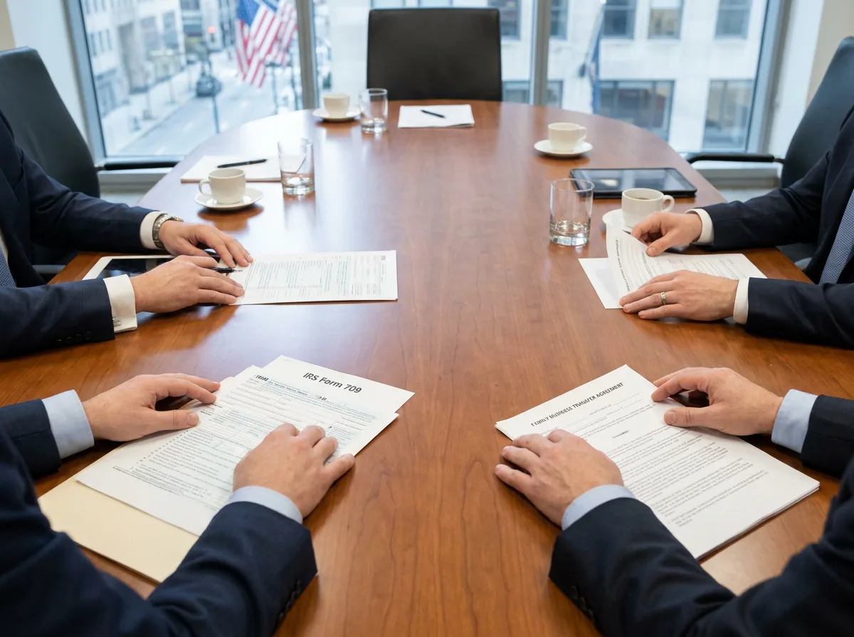 Business professionals reviewing IRS Form 709 and transfer documents at conference table