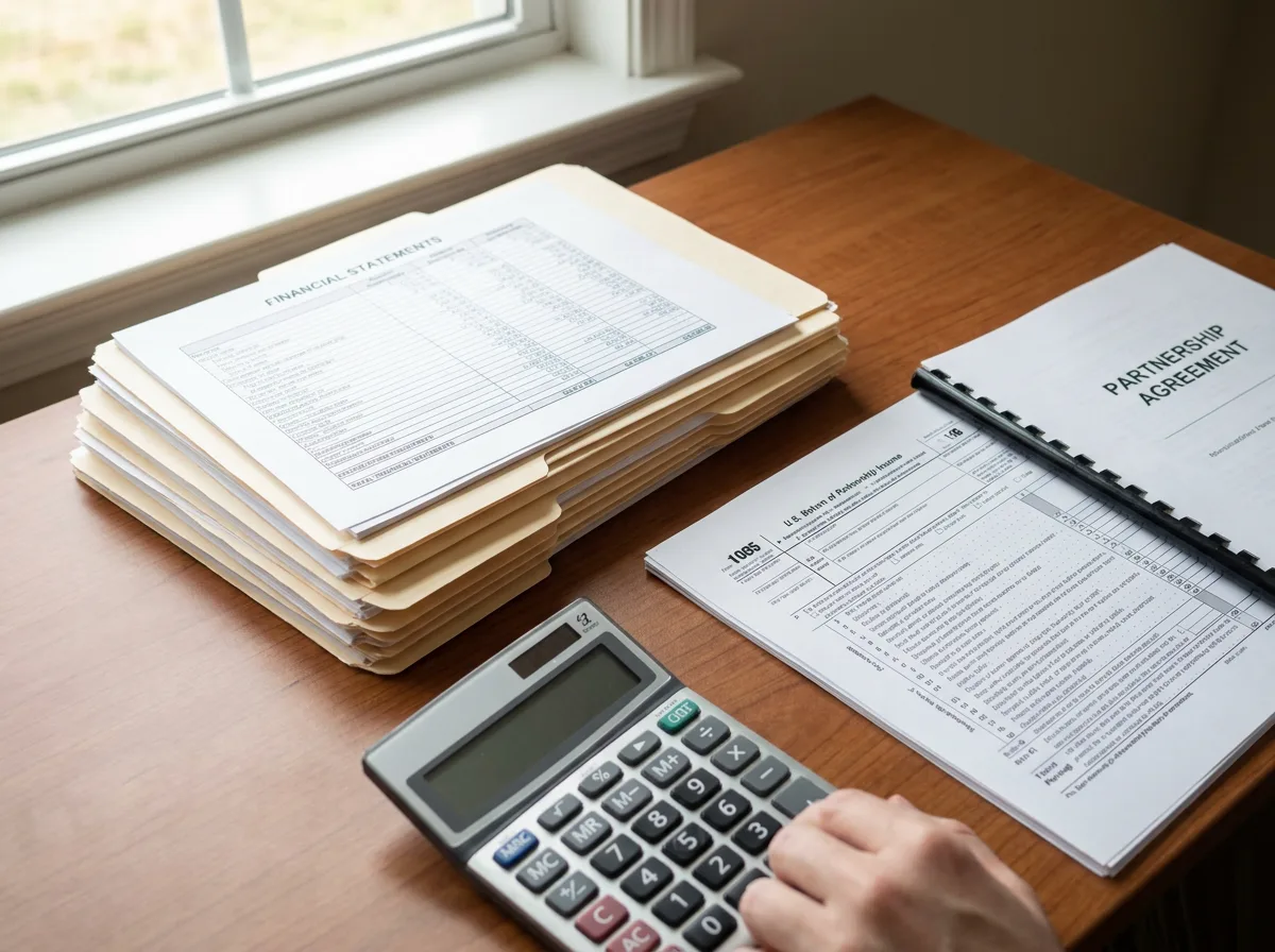 Office desk with financial documents, IRS form, partnership agreement, and calculator in natural light