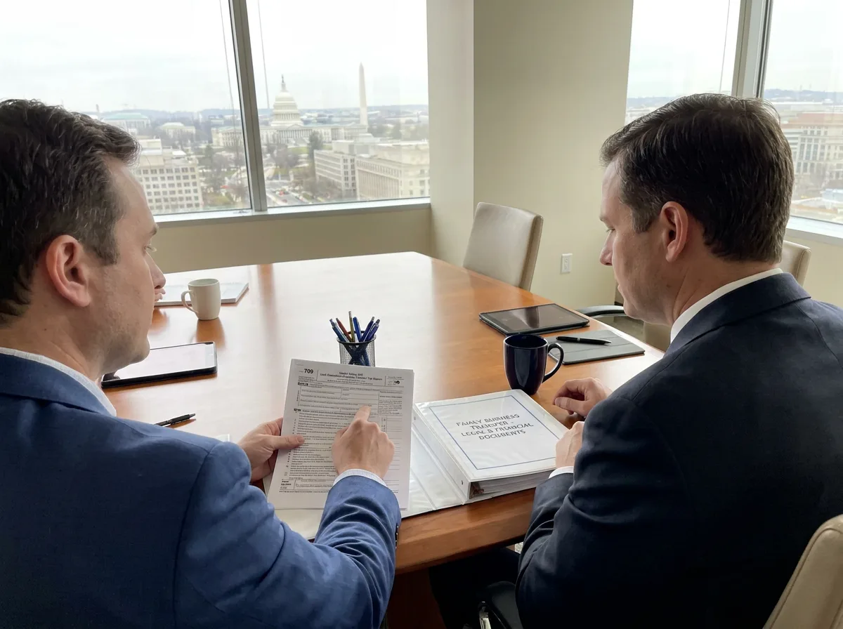 Two professionals reviewing IRS Form 709 and transfer documents at a conference table with DC skyline visible through the window