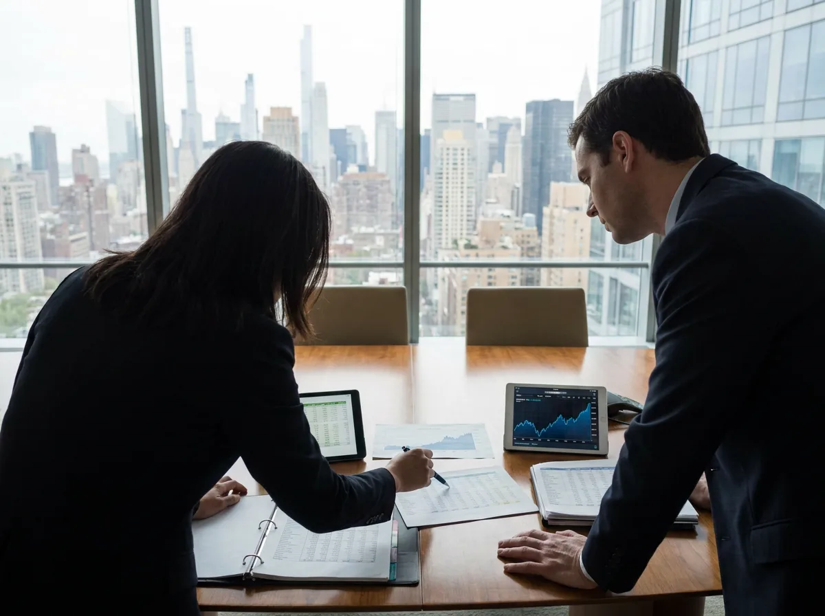 Two professionals reviewing financial documents at a conference table with New York skyline visible through window