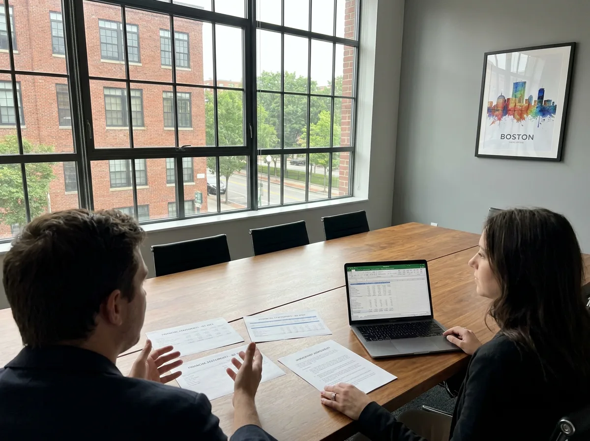 Two professionals reviewing financial documents and ownership papers at a wooden table in a bright office setting