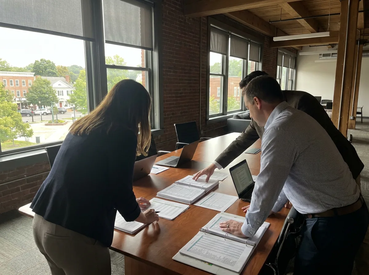 Professionals reviewing financial documents and ownership papers at a conference table in a modern office with natural window light