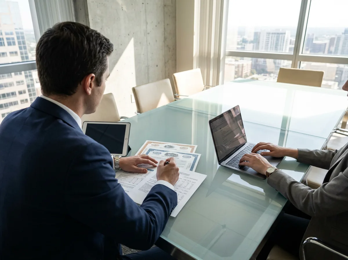 Two professionals reviewing financial documents at a glass conference table in a modern office