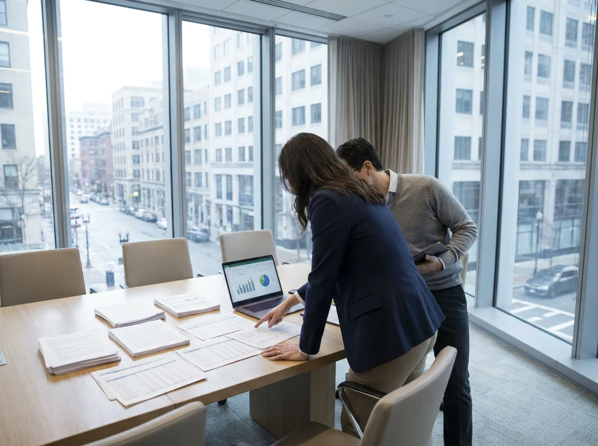 Two professionals reviewing financial documents at a conference table with natural daylight from windows