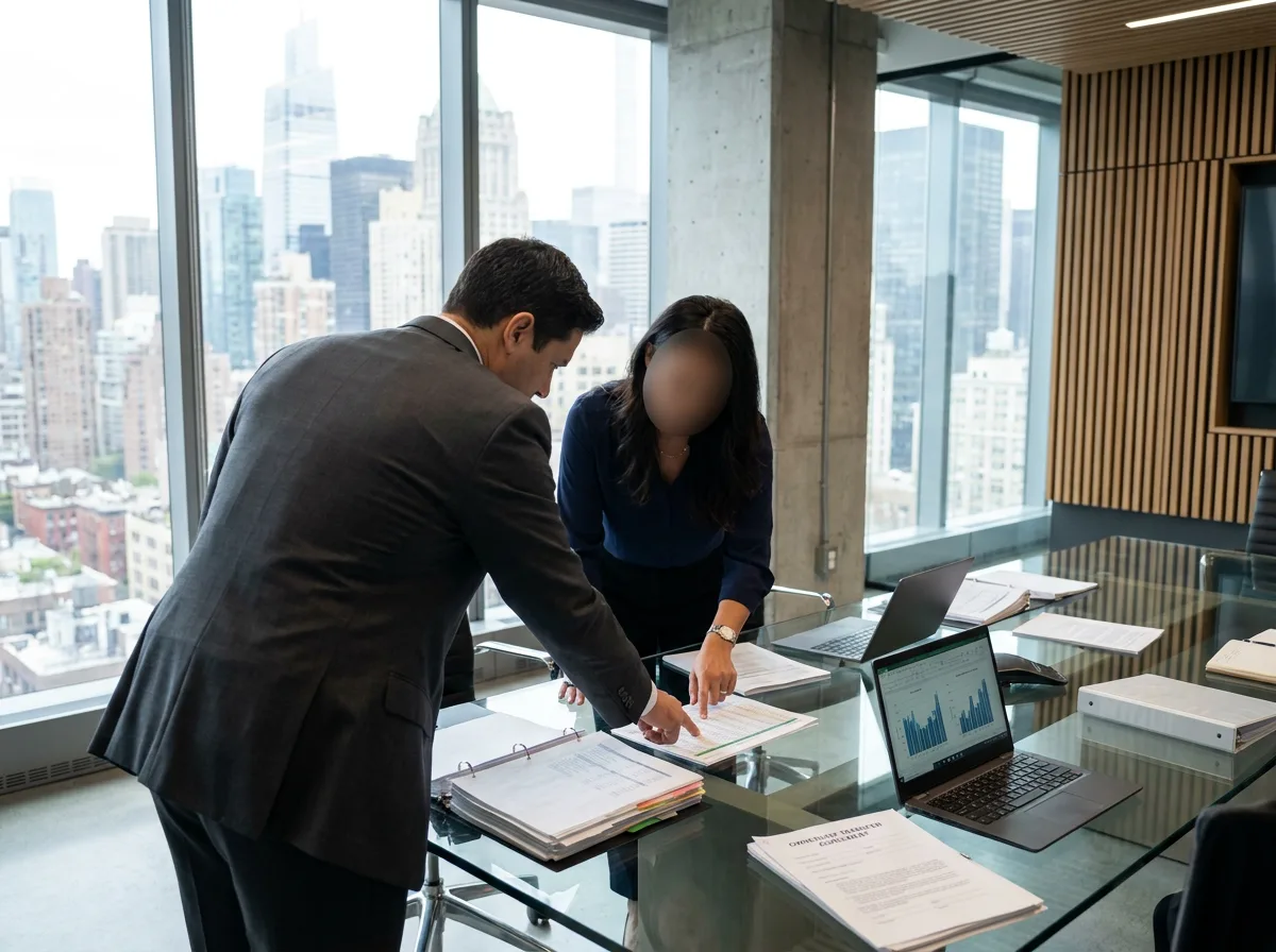 Two business professionals reviewing financial documents at a glass conference table with NYC skyline visible through windows