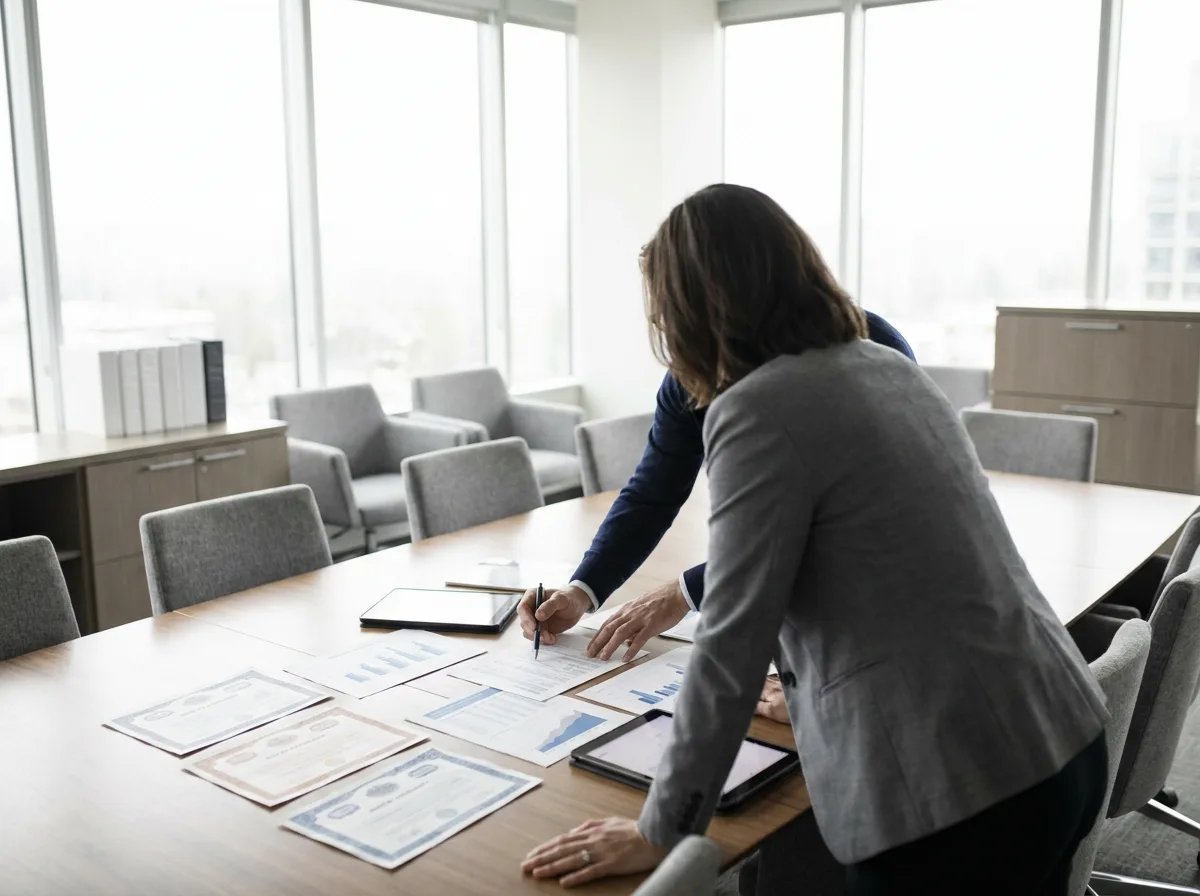 Two professionals reviewing stock certificates and financial documents at a conference table in a modern office