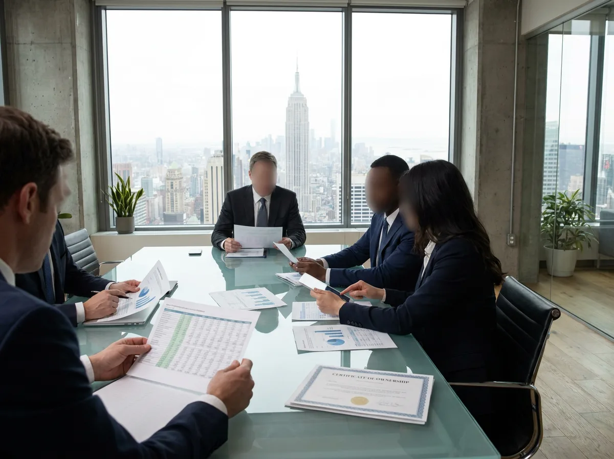 Professionals reviewing financial documents at a glass conference table with NYC skyline in background
