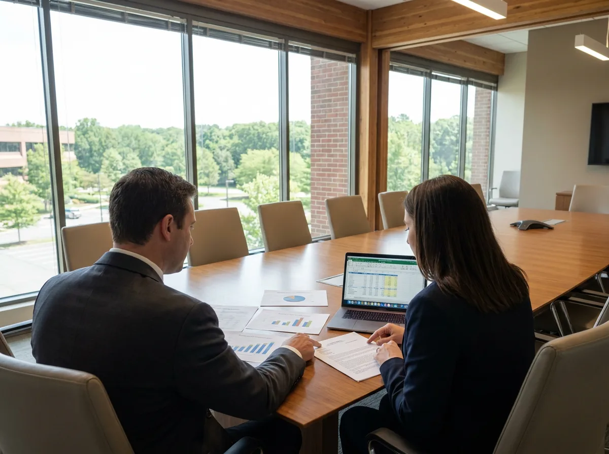 Two professionals in business attire review financial documents at a wooden conference table with a laptop and natural daylight from large windows