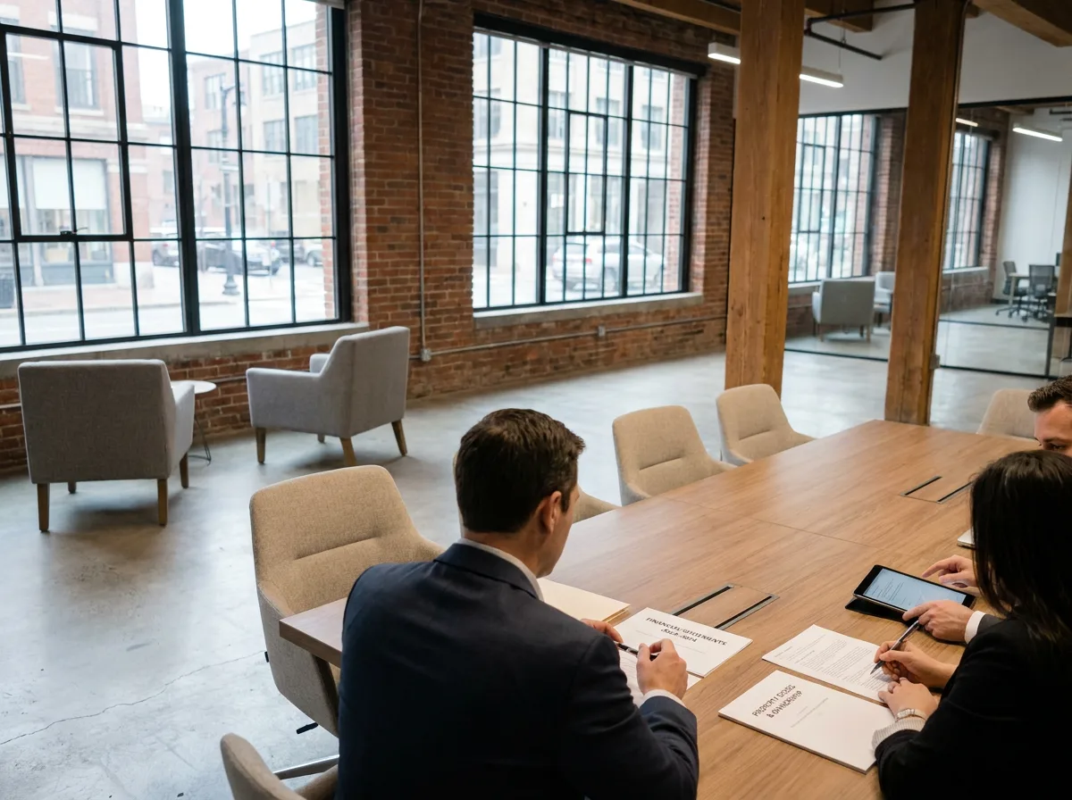 Professionals reviewing financial documents at office table with natural window light