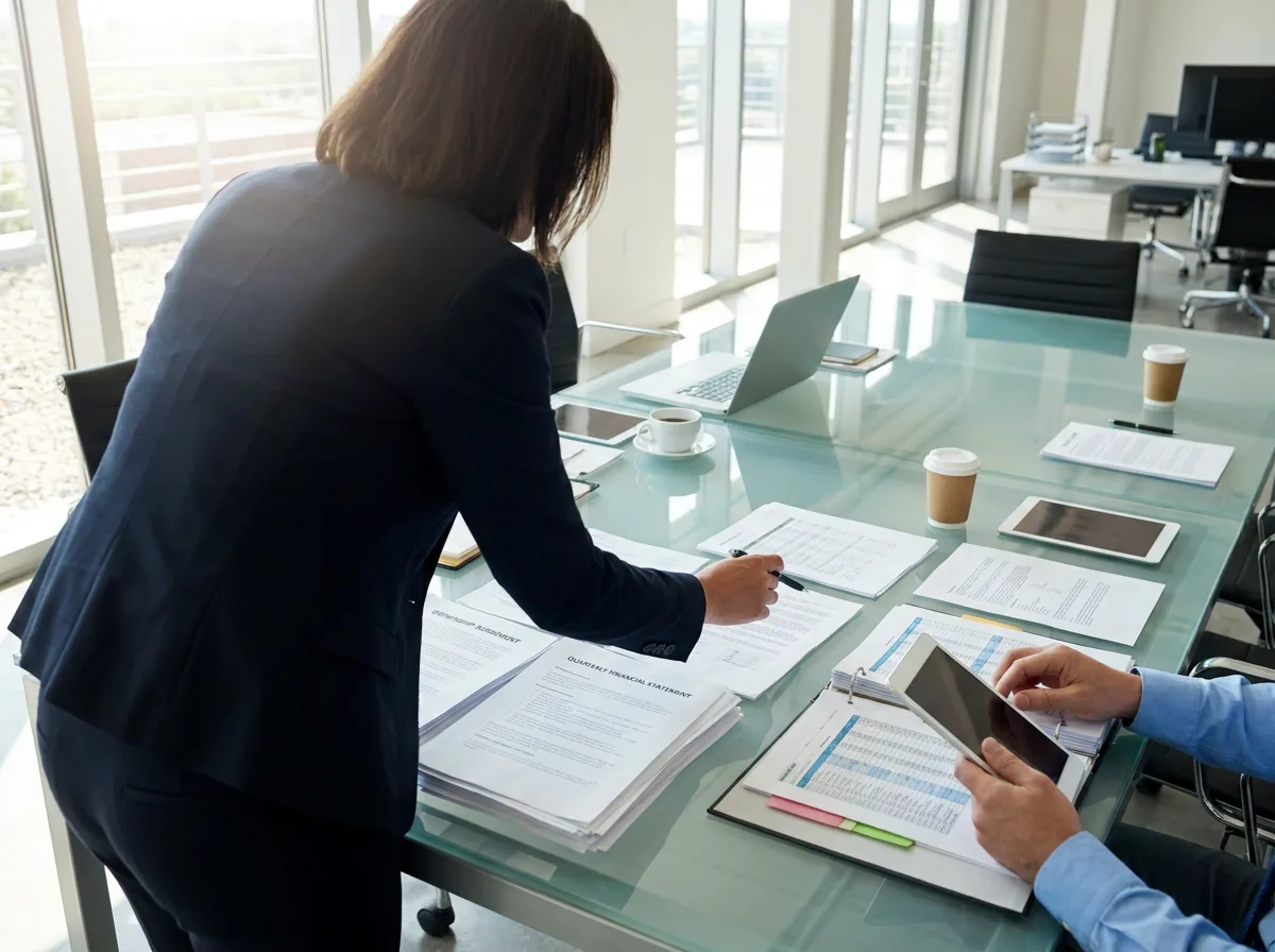 Two professionals reviewing ownership documents and financial statements at a glass conference table in natural daylight