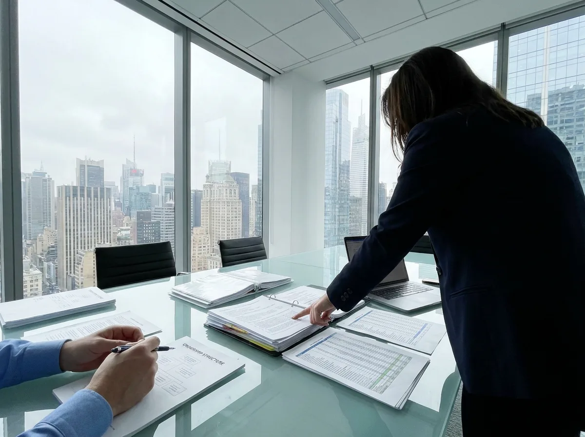Two professionals review financial documents at a glass conference table with NYC skyline view