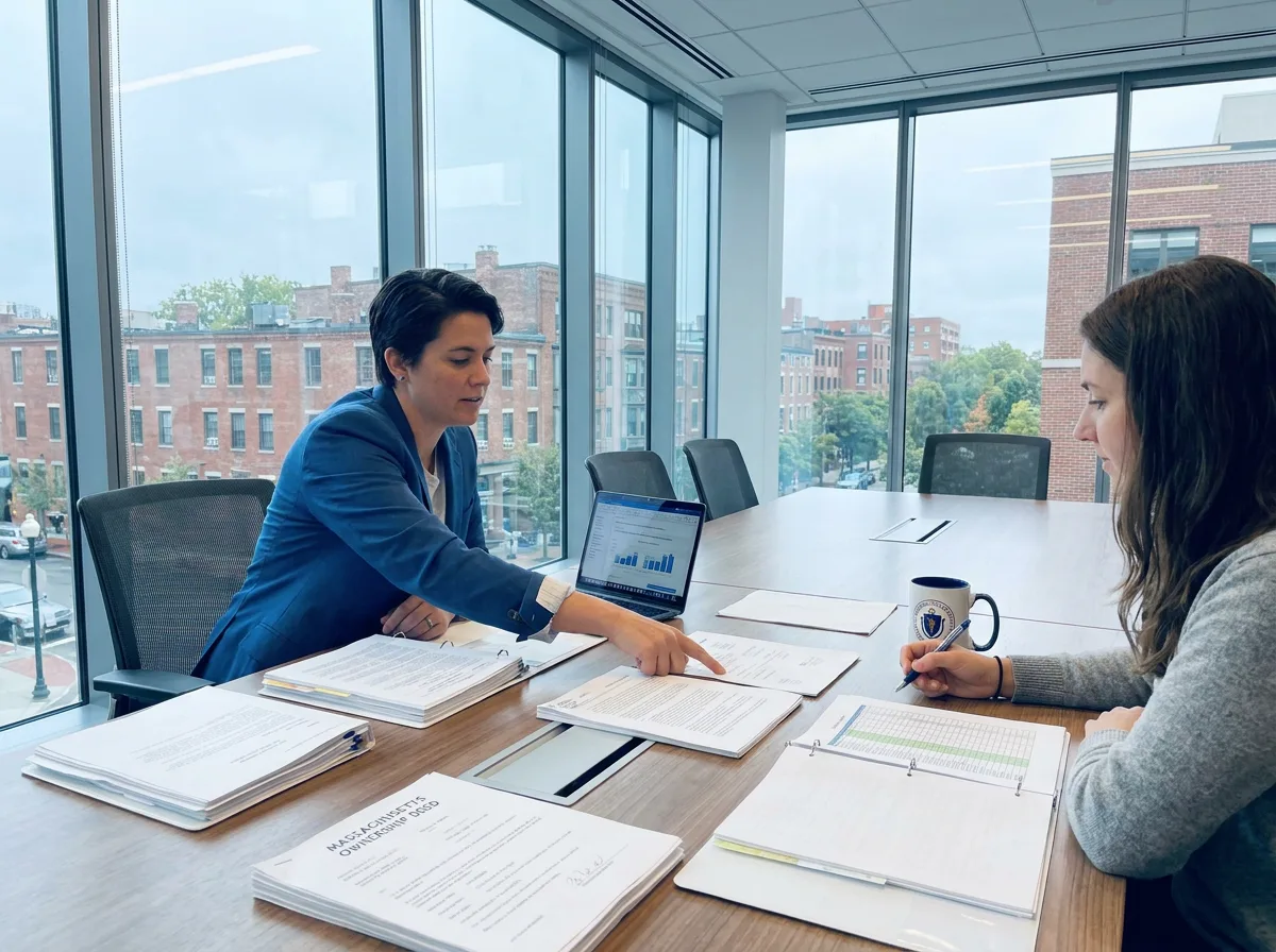 Two professionals reviewing financial documents and ownership papers at a conference table in a modern office with natural daylight
