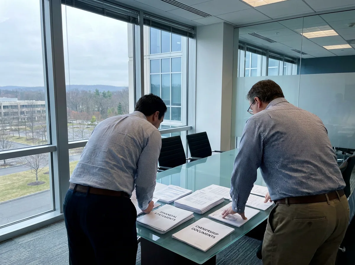 Two professionals reviewing financial documents and ownership papers at a glass conference table with natural light from large windows