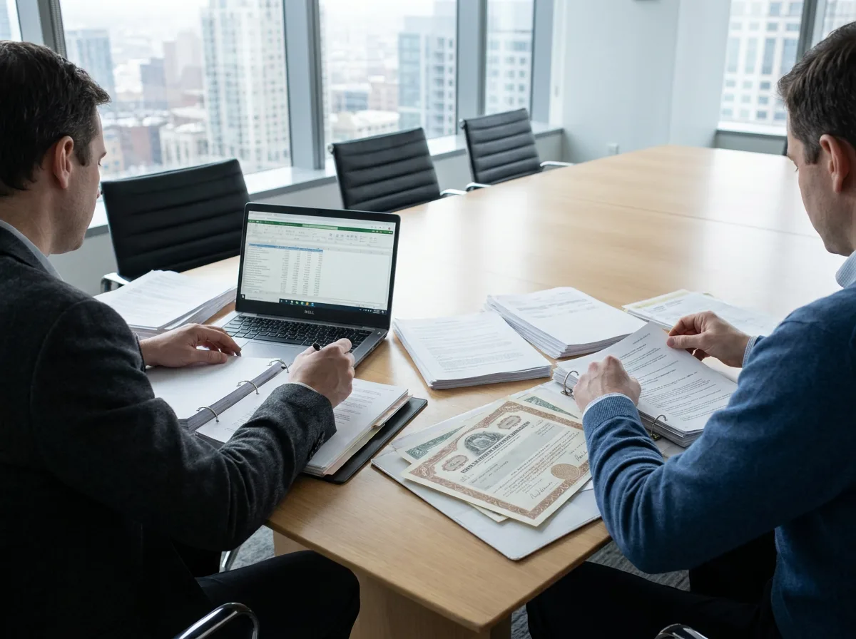 Two professionals reviewing financial documents and stock certificates at a conference table with natural light from windows