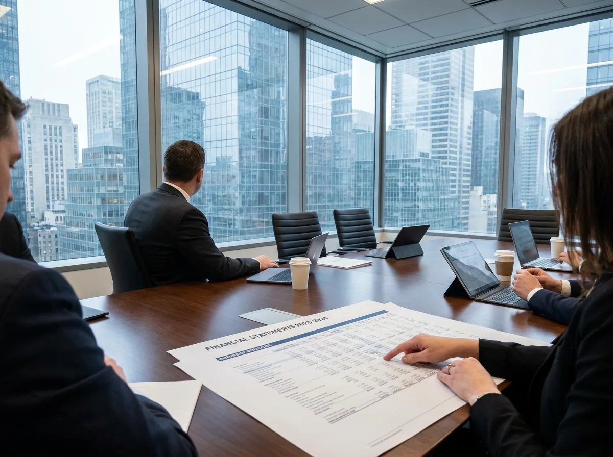 Professionals reviewing financial documents at modern NYC office conference table with skyline view