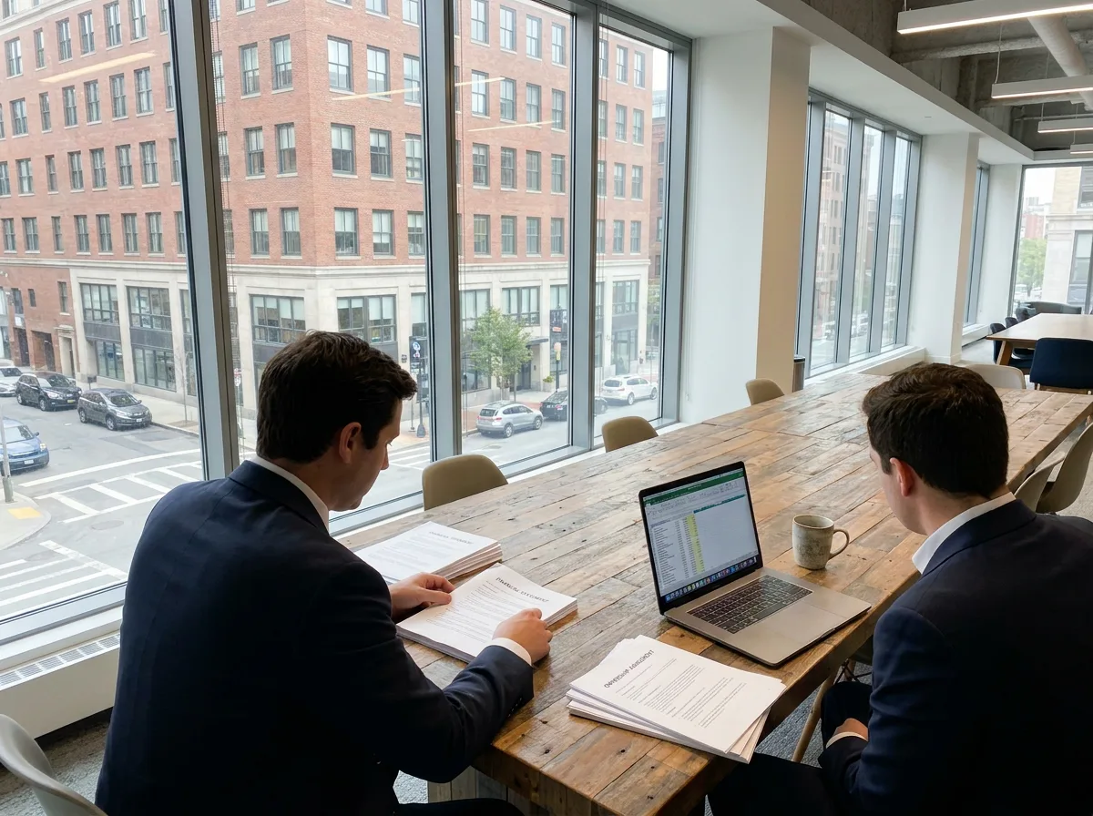 Two professionals review financial documents at a wooden conference table with laptop and natural window lighting